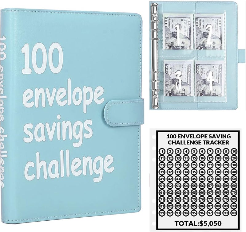 AASLOB 100 ظرف تحدي توفير المال، 100 ظرف تحدي مجلد، طريقة سهلة وممتعة لتوفير 5,050 دولار، كتاب ميزانية تحديات التوفير مع ظروف نقدية للمكتب، المنزل، المدرسة (أزرق) - Image 1